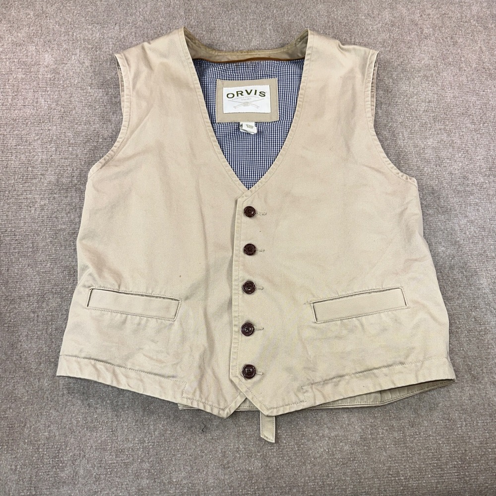 Orvis Mens Tan Cotton Gingham Lined Cinch Back Field Vest Large